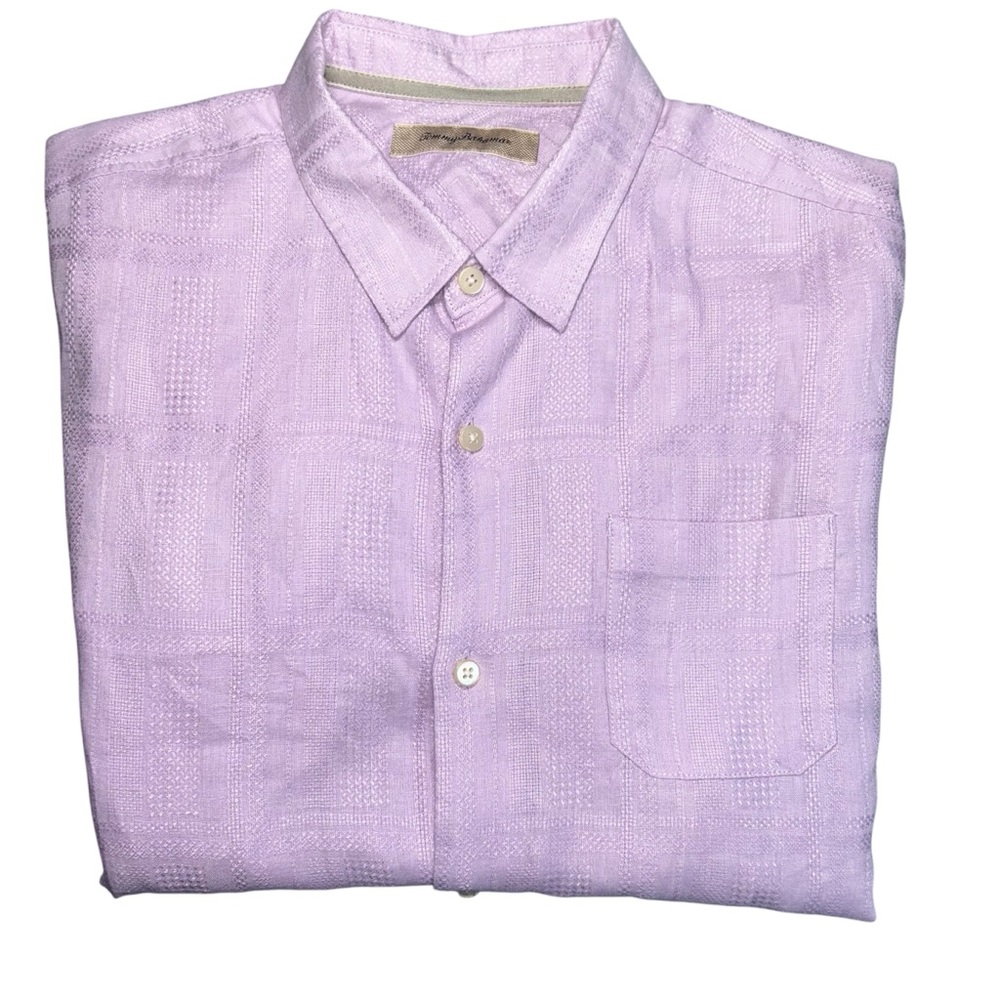 Tommy Bahama Linen Shirt Purple Mens Large Button Up Short Sleeve Hawaiian Beach